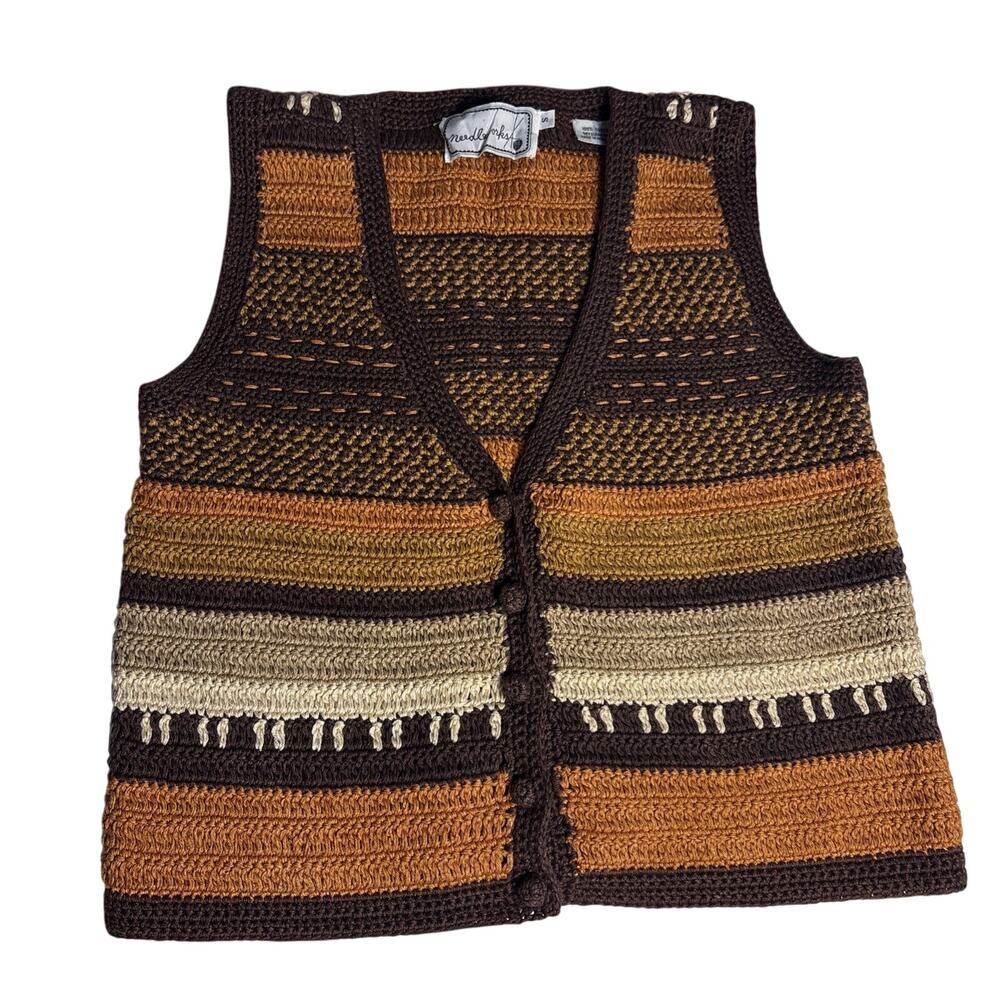 Vintage Needleworks Cotton Knit Vest Small Grannycore Boho Striped Earth Tones